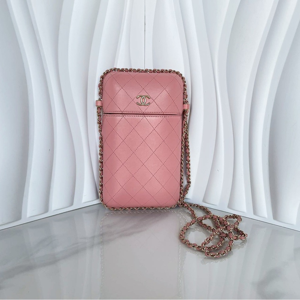 Chanel Quilted Leather Phone Crossbody Bag Pink